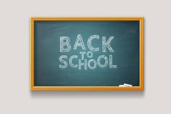 Back to School. Text and chalks on a school board with texture and wooden frame.