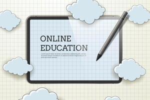 Back to school, online learning. Tablet or smartphone on a checkered paper background with clouds. vector