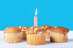 Birthday cupcakes with single lit candle on blue background. Closeup photo