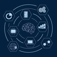 Artificial intelligence illustration. Modern cyberbrain concept. Machine learning and neural network. Artificial intelligence infographic banner. AI card with icons. vector