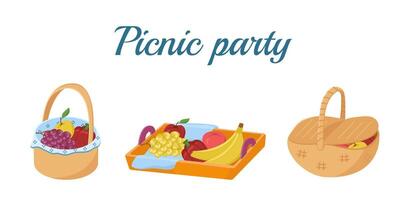 illustration of trays with food for a Picnic. Colored barbecue card. Set of items for a family weekend in the forest or park. vector