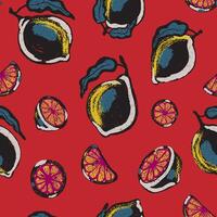 a pattern with oranges and lemons on a red background vector