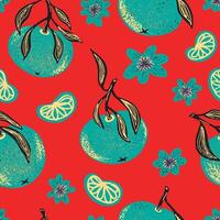a pattern with oranges and leaves on a red background vector