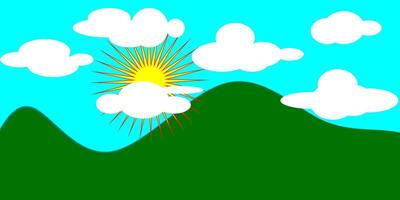 Green mountain background, clouds and shining sun vector
