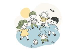 Children play football, happy girls and boys playing soccer on the lawn, at the stadium, on the city site vector