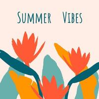 Square summer card with abstract tropic blossom flowers and text in minimalist style. Brush stroke effect and rough edges. Templates for celebration, branding, ads, banner, cover, poster, sales. vector