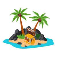 Treasure Island. A chest with gold coins on a tropical island in the middle of the sea or ocean. Island in flat style on a white background. Cartoon illustration of an island. vector