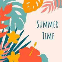 Square summer card with abstract tropic branches, flowers and text in minimalist style. Brush stroke effect and rough edges. Templates for celebration, branding, ads, banner, cover, poster, sales. vector