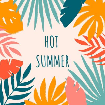 Bright summer card with abstract tropic branches and typography in minimalist style. Brush stroke effect and rough edges. Templates for celebration, branding, ads, banner, cover, poster, sales.