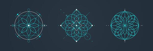 Set of sacred geometry designs with intricate floral motifs, cyan lines on isolated dark background. Unique Design with symmetrical patterns, geometric shapes, modern mystical aesthetic vector