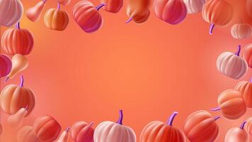 frame with flying pumpkin and copy space. Horizontal editable squash template with place for your text. Autumn 3D gourd illustration with shadow for background, wallpaper, halloween banner vector