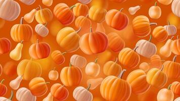 Seamless pattern with flying pumpkin on orange background. Autumn 3D squash illustration with shadow for Halloween banner, wallpaper. texture with falling volumetric gourd vector