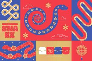 Mosaic geometric banner Template layout for Chinese New Year 2025, Year of the Snake with zodiac Asian elements. Translate - Snake. Flat illustration. vector