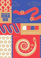 2025 Chinese New Year vertical poster template, mosaic geometric card for year of the Snake. Chinese zodiac snake design in flat modern style. Chinese translation Happy new year, Snake vector