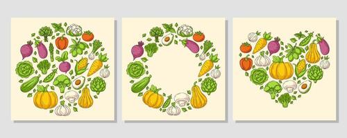 Set of square card heart and round shape form with farm fresh vegetables and greens. Veggies colorful icons, isolated background. Organic, natural products. For poster, menu, social media vector
