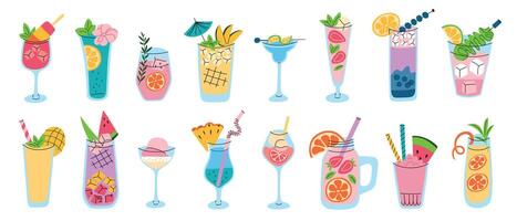 illustration set of lemonade, cocktails, mocktails with various flavors for parties, summer drinks with watermelon, strawberry, iced beverages with cucumber and mango. Cute colorful flat design vector