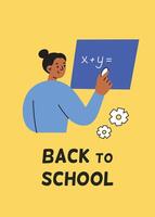 Back to school illustration, banner with teacher or student at a chalkboard. Flat cartoon style template with colorful design. Perfect for education, learning. Classroom composition vector