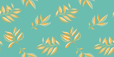 Colorful pattern with abstract shape yellow branches leaves . Creative tropical botanical seamless printing on a turquoise background. hand drawing sketch. Design for fashion, fabric,textiles vector