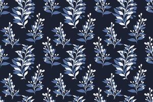 Simple tropical pattern with blue abstract shapes branches leaves on a dark background. hand drawing sketch. Creative unique floral stems seamless print. Design for fashion, fabric, textiles vector