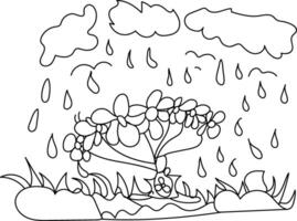 kids art a drawing of a tree, flowers, with the word rain on the sky vector
