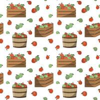 Autumn red and green apples in crates and baskets seamless pattern. Isolated on white background. Harvest theme. vector