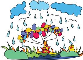 kids art a drawing of a tree, flowers, with the word rain on the sky vector