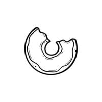 bitten donut with glaze jam topping top view hand drawn doodle line art illustration black line on white isolated background vector