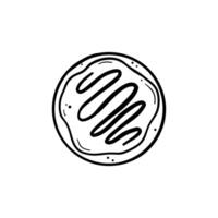 sweet donut with glaze top view hand drawn doodle line art illustration black line on white isolated background vector