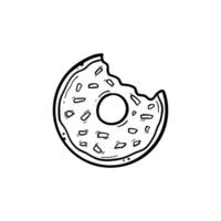 bitten donuts with glaze and nut sprinkles topping top view hand drawn doodle line art illustration black line on white background vector