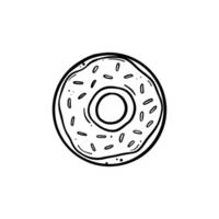 ring doughnut with glaze and sprinkles top view hand drawn doodle line art illustration black line on white isolated background vector