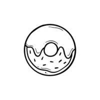 melted glazed donut with glaze topping and sprinkles top view hand drawn doodle line art illustration black line on white isolated background vector