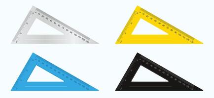 Set of school supplies, triangle ruler in metallic, yellow, blue and black colors. vector