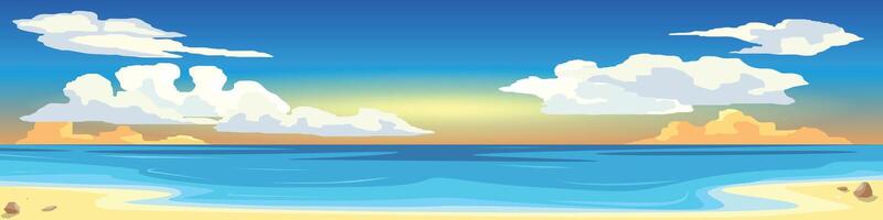 Horizontal or landscape view of sand beach. On sand with rock and mini shells. calm sea waves. Under eveing sky and warm colored clouds. vector