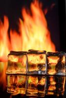 cubes of ice and fire on a water surface on an abstract background 3 photo