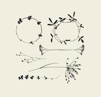 Branches leaves and flowers silhouettes set drawing on beige background vector