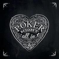 Sign hearts in vintage style lettering poker night all in, drawing with chalk on the blackboard vector
