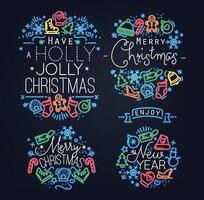 Christmas decorative elements for winter holidays in flat and neon style, drawing by color lines on black background vector