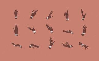 Hands with bracelets and rings in ethnical style in different positions to express feelings and emotions drawing on coral background vector