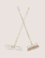 Flat mop and broom drawing in graphic style on beige background vector