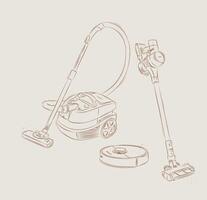 Vacuum cleaner types regular, cordless, robot drawing in graphic style on beige background vector