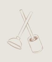 Cleaning tools toilet brush and plunger drawing in graphic style on beige background vector