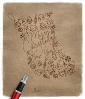 Toy socks lettering merry christmas and happy new year drawing with pen line on craft background vector