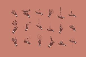 Hands labels with bracelets, rings holding decorative symbols in minimalist style drawing on coral background vector