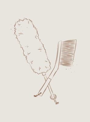 Dust remover tool and brush drawing in graphic style on beige background