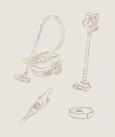 Vacuum cleaner set regular, cordless, robot, portable drawing in graphic style on beige background vector