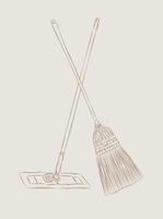 Broom and flat mop drawing in graphic style on beige background vector