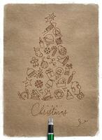 Christmas toy tree drawing with pen line on craft background vector