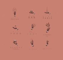 Hand labels with bracelets, rings holding decorative elements with lettering in minimalist style drawing on coral background. vector