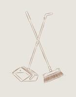 Flat broom and dustpan drawing in graphic style on beige background vector