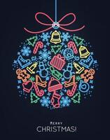 Flat Christmas tree toy drawing with thin color lines on black background vector